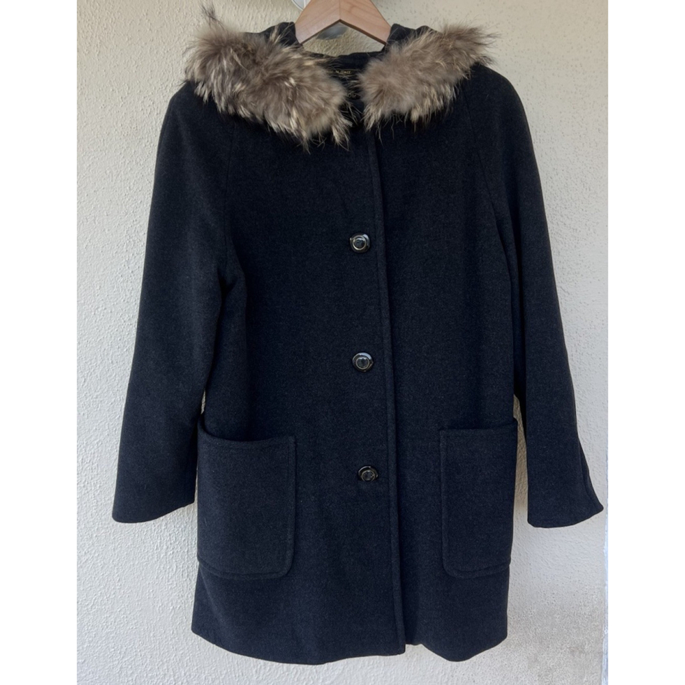 VTG Nordstrom Gallery Virgin Wool Cashmere Coat Black Fur Hood Classic Italy